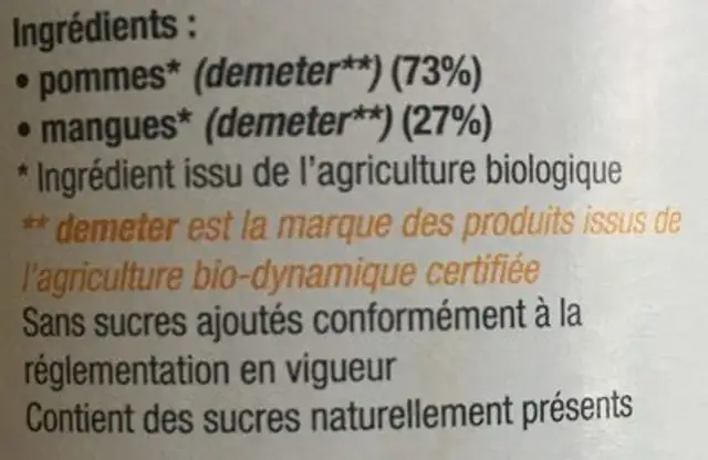 Purée Mangues Pommes ingredients label