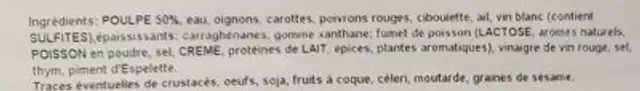 Bouchées de Poulpe, Ciboulette, Thym et Piment d'Espelette ingredients label