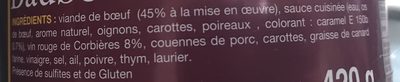 Daubes de boeuf ingredients label