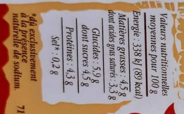 Faisselle 6% MG nutrition facts table