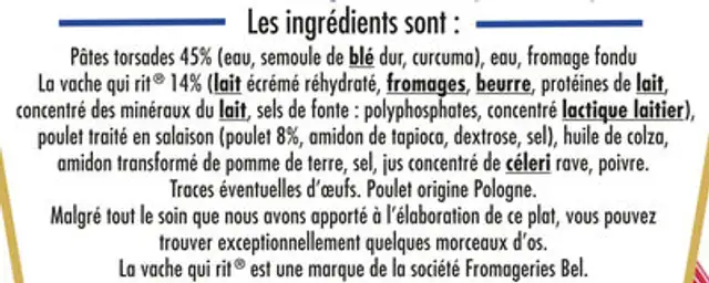 BOX POULET & LA VACHE QUI RIT® (torsades, poulet sauce au fromage la vache qui rit®) ingredients label