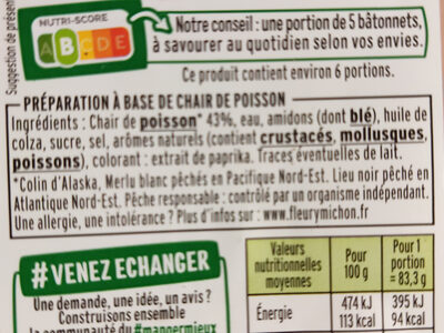 Bâtonnets de surimi moelleux ingredients label