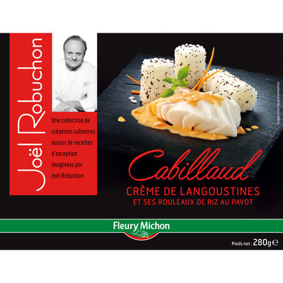 Cabillaud crème de langoustines et ses rouleaux de riz au pavot