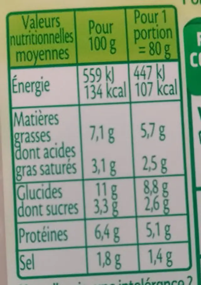 Le coeur frais nutrition facts table