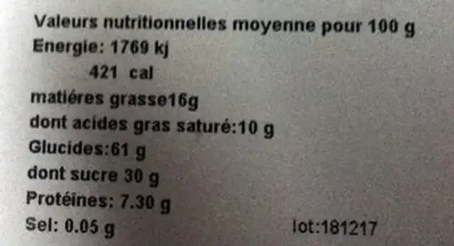 L'authentique - Tarte aux myrtille nutrition facts table