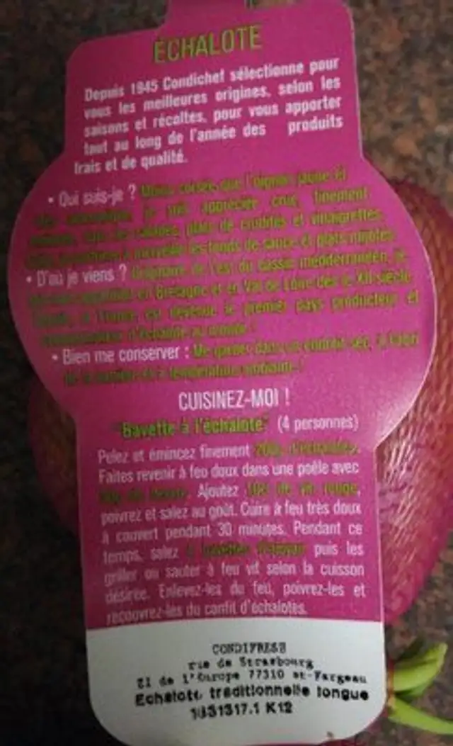 Échalotes ingredients label