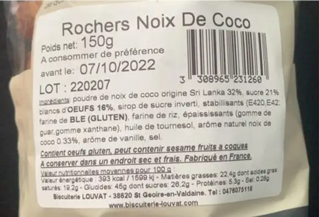 Rochers noix de coco nutrition facts table