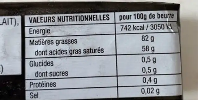 Beurre de baratte au lait pasteurisé LA DENT DU CHAT nutrition facts table
