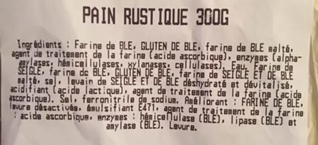 Pain seigle ingredients label