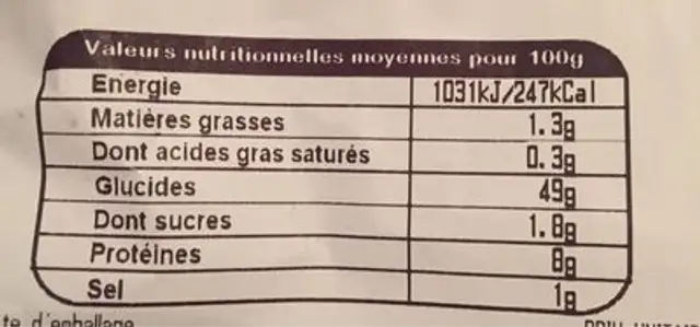 Pain seigle nutrition facts table