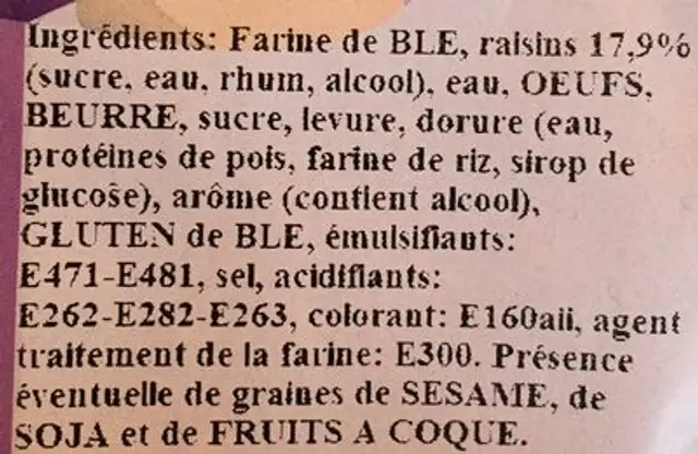 Coquille de Noël Raisin ingredients label