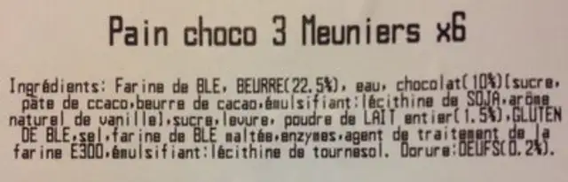 Pain choco x6 ingredients label