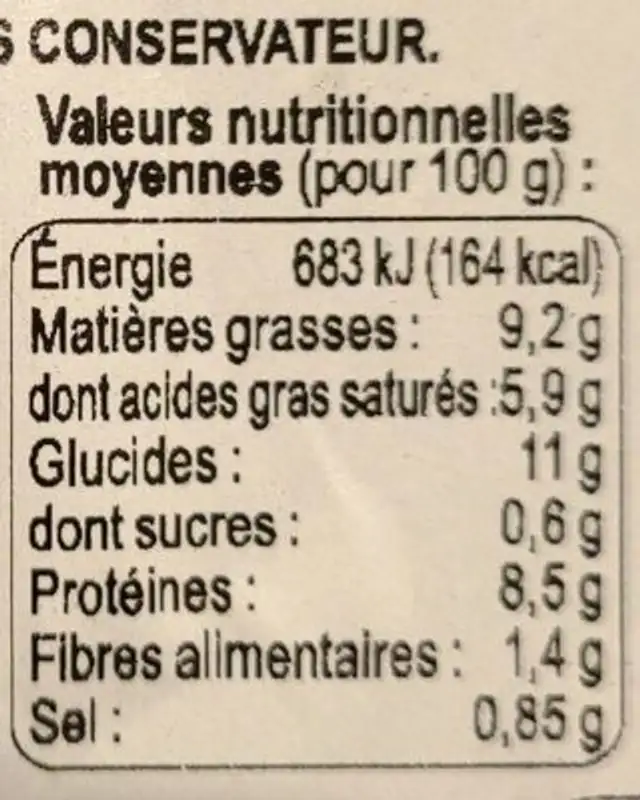 La truffade de l'Aubrac nutrition facts table
