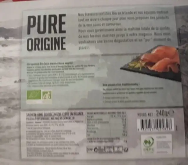 Bio pure origine saumon irlande ingredients label