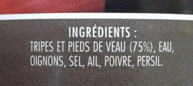 Ventre de veau ingredients label