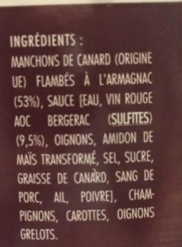 Le civet de canard flambé à l'Armagnac ingredients label