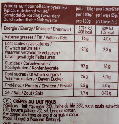 Crêpes LeSter x16 nutrition facts table