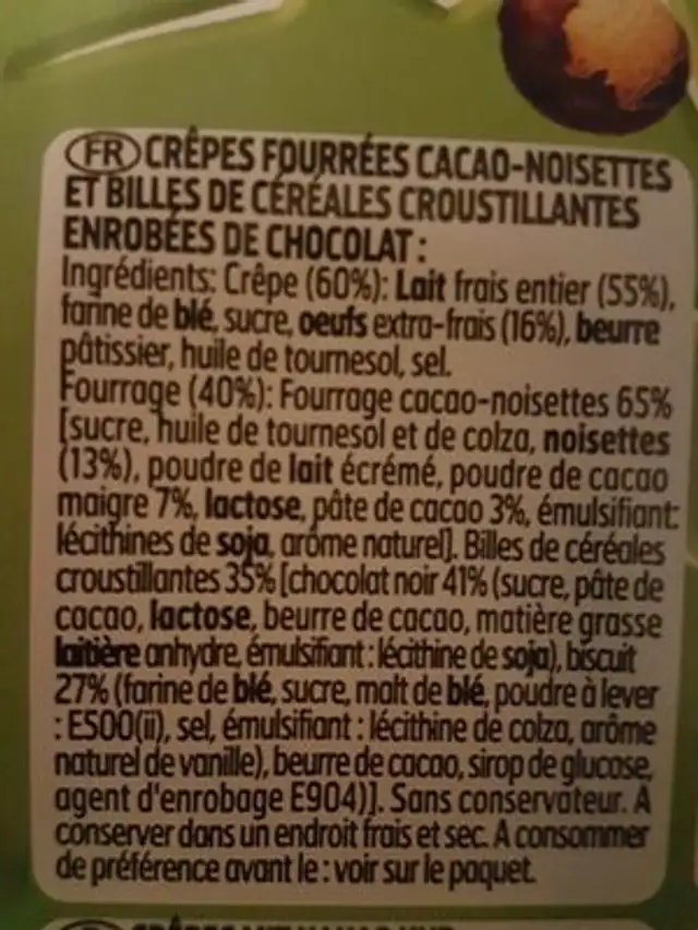 Crêpes goût choco noisette & céréales croustillant ingredients label