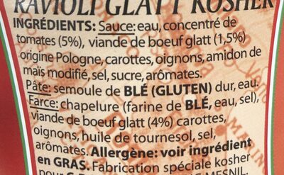 Ravioli à la viande de boeuf Glatt ingredients label