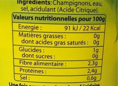 Champignons de culture émincés nutrition facts table