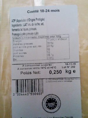 Comté 18mois ingredients label