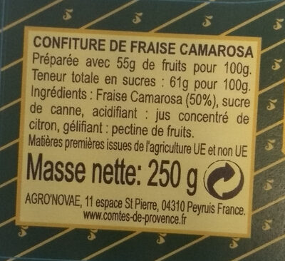 Confiture Fraises Camarosa ingredients label