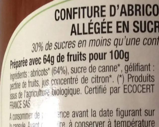 Confiture abricots bio ingredients label