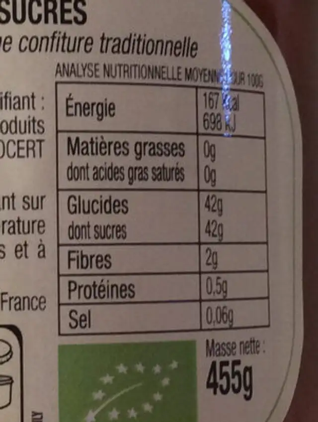 Confiture abricots bio nutrition facts table