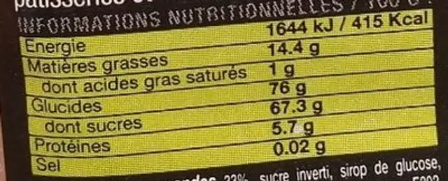 Pâte d'Amandes 33 % Blanche nutrition facts table