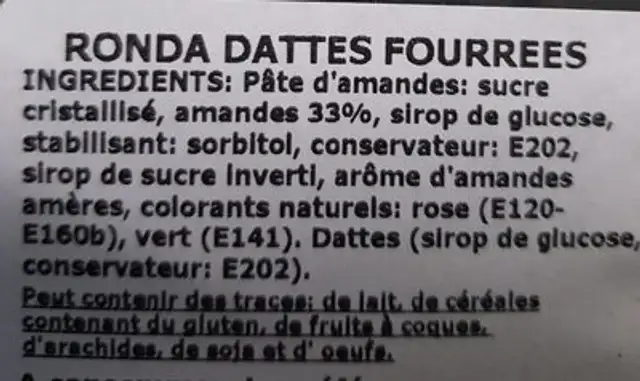 Ronda dattes fourrees ingredients label
