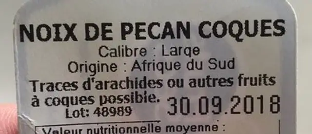 Noix de pecan coque ingredients label
