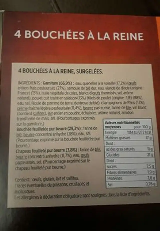 Bouchées à la reine ingredients label