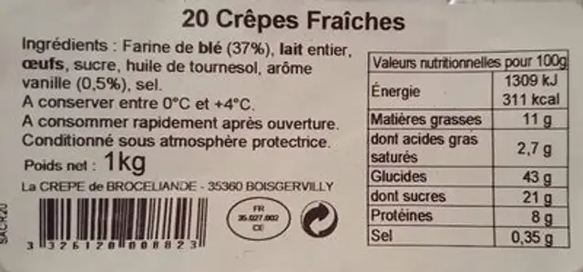 20 Crêpes  fraîches Au Froment Sucrées ingredients label