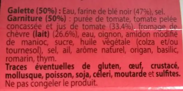 Galettes fromage de chèvre et tomates à la provençale ingredients label