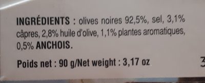 Tapenade aux olives noires ingredients label