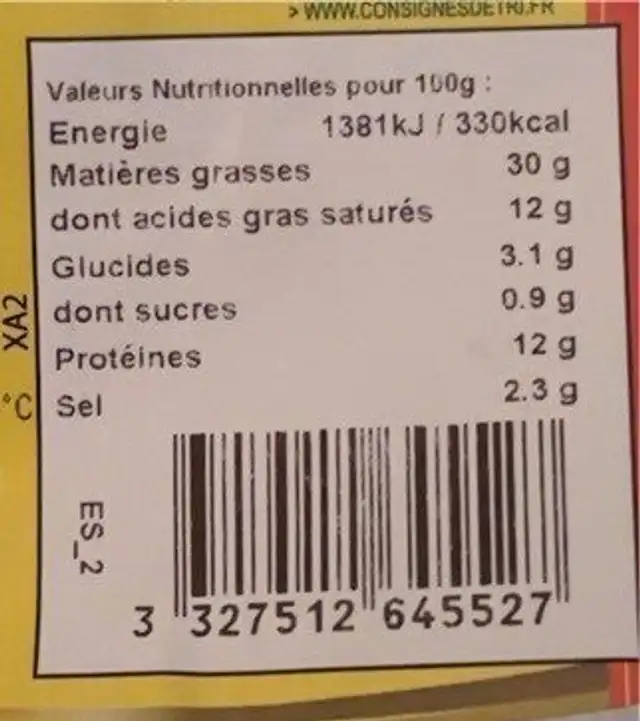 Terribe aux mirabelles de Lorraine nutrition facts table