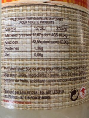 Confiture de coco nutrition facts table