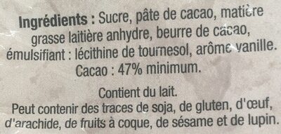 Chocolat noir supérieur ingredients label