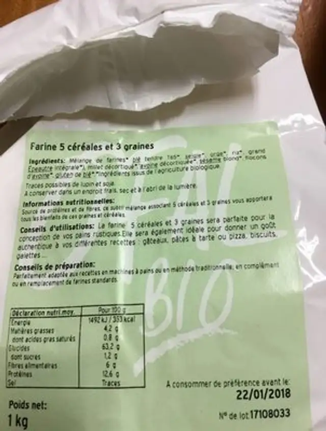 Farine 5 céréales et 3 graines ingredients label