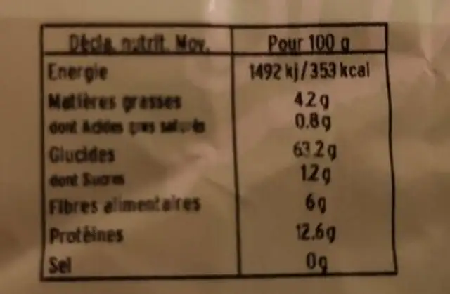 Farine 5 céréales et 3 graines nutrition facts table