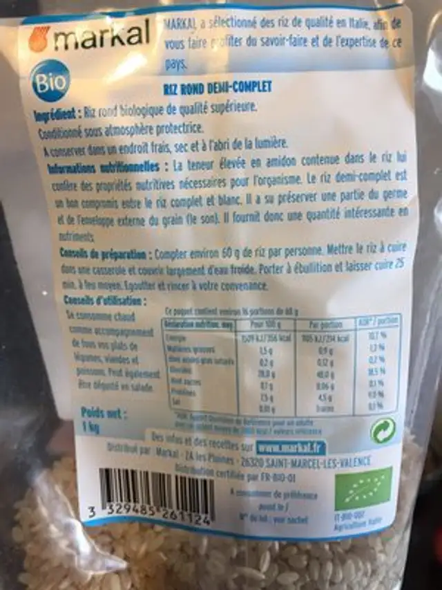 Riz Rond Demi Complet D'italie ingredients label
