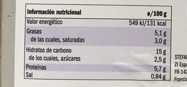 Canelones de setas nutrition facts table