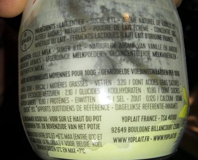 Yaourt saveur vanille ingredients label