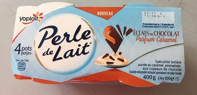 Spécialité laitière sucrée au caramel, aromatisée, aux copeaux de chocolat