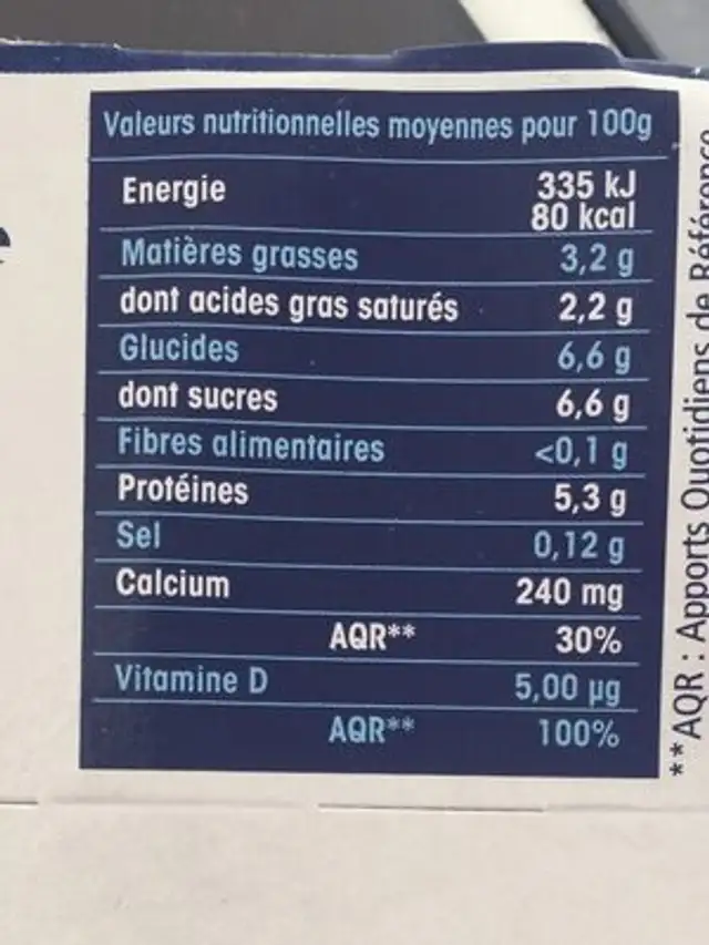 Spécialité laitière nature (enrichi en vitamine D) nutrition facts table