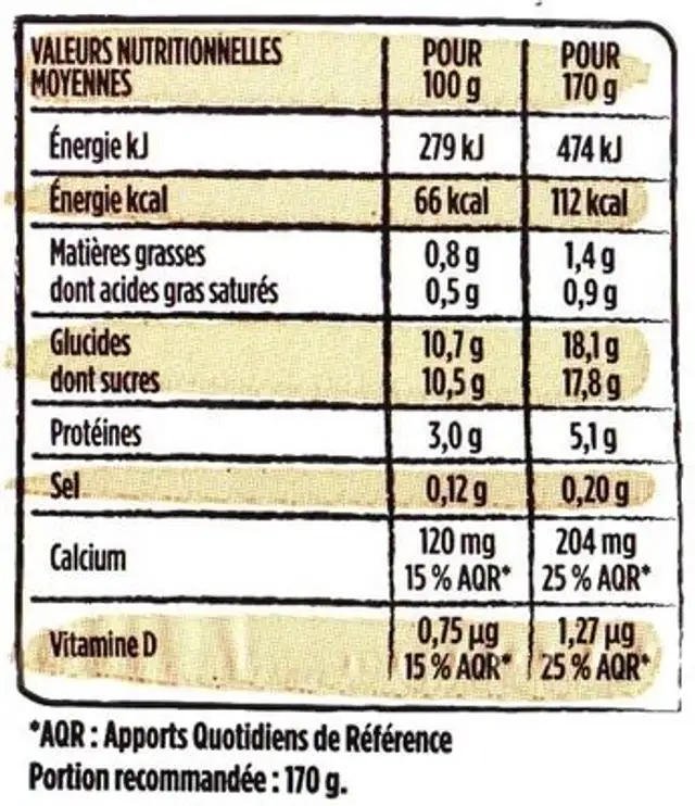 YOP Parfum Vanille nutrition facts table
