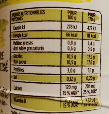 Yaourt à boire sucré aromatisé nutrition facts table
