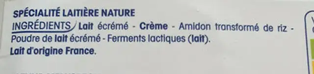 Perle de lait ingredients label