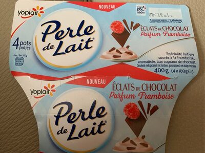 Spécialité laitière sucrée à framboise, aromatisée, aux copeaux de chocolat