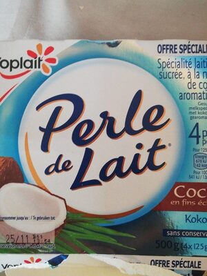 Spécialité laitière sucrée à la noix de coco, aromatisée front packaging